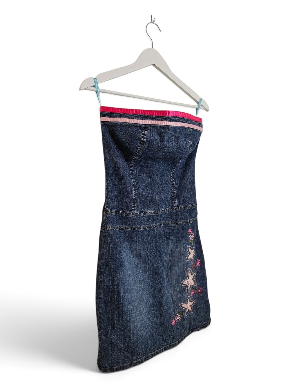 Vintage Y2K Sfuzi Denim Mini Dress Size 3 Strapless Embroidered McBling Blue